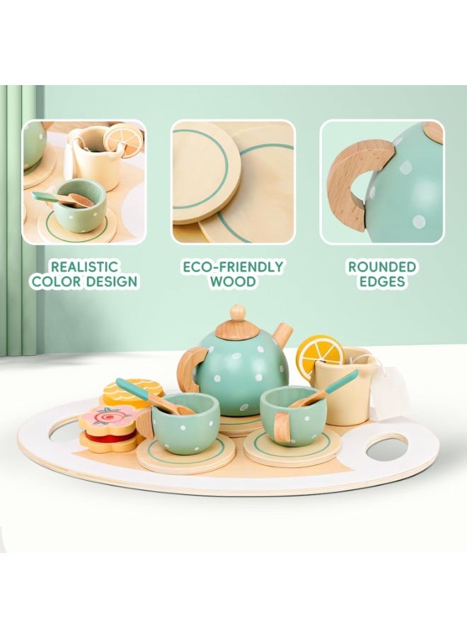 كابسترو طقم شاي خشبي للأطفال - مجموعة ألعاب حفلة شاي تخيلية مع إبريق شاي وأكواب وصينية | لعبة اجتماعية تعليمية خالية من الشاشات ومناسبة للعب الأدوار في مرحلة ما قبل المدرسة للأطفال من سن 3 سنوات فما فوق - طقم شاي باللون الأزرق الفاتح - Image 3